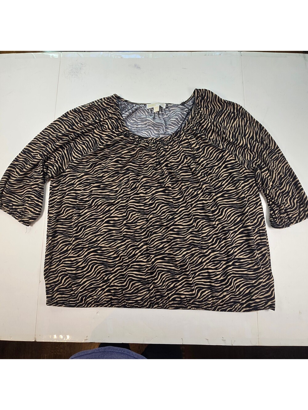 Michael Kors Women’s 3X Zebra Print 3/4 Sleeve Top Black Beige